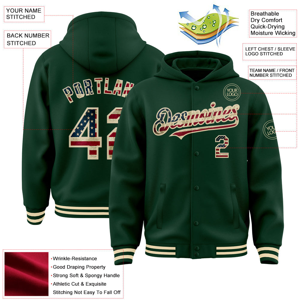 Custom Green Vintage USA Flag-Cream Bomber Full-Snap Varsity Letterman Hoodie Jacket view 3