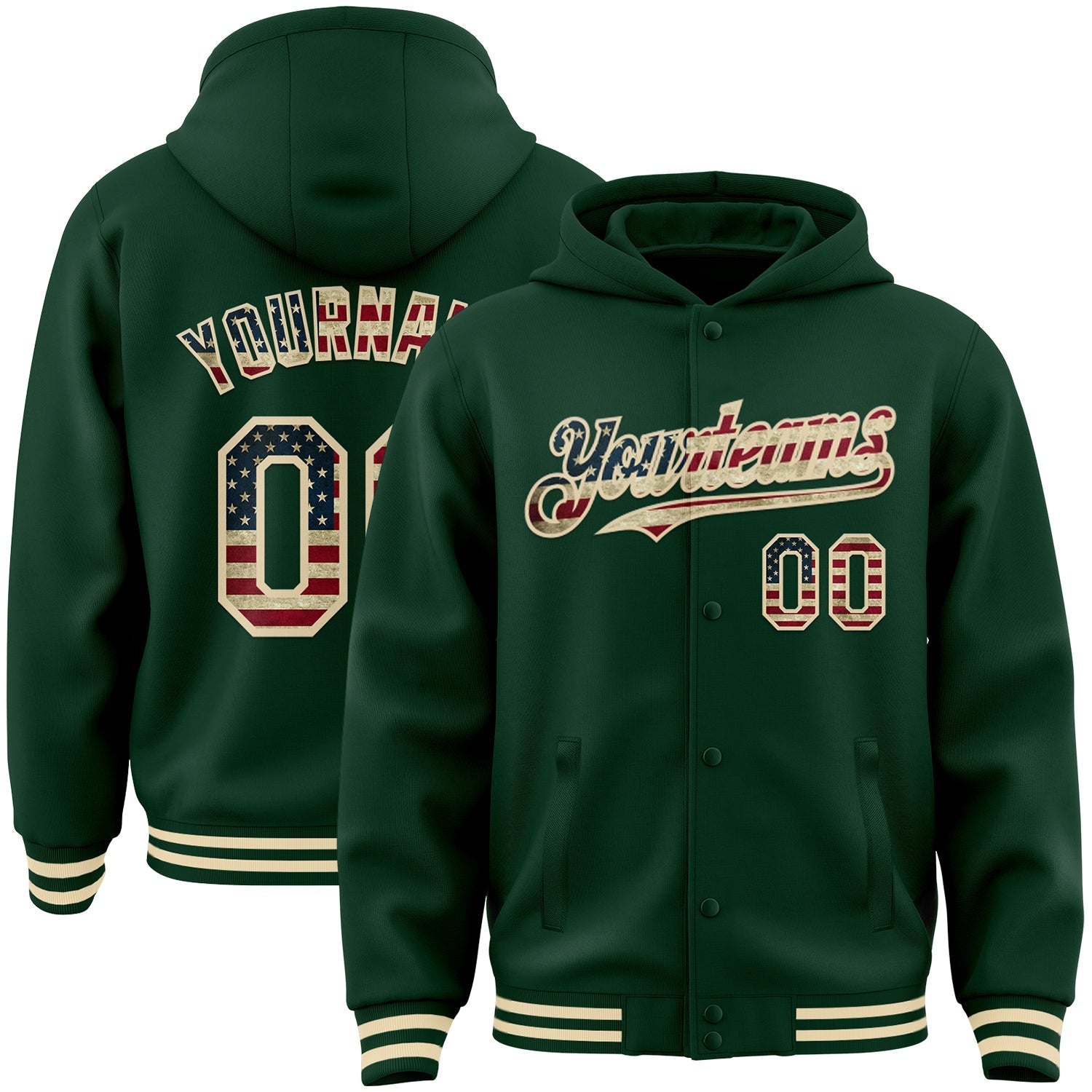Custom Green Vintage USA Flag-Cream Bomber Full-Snap Varsity Letterman Hoodie Jacket - Main View
