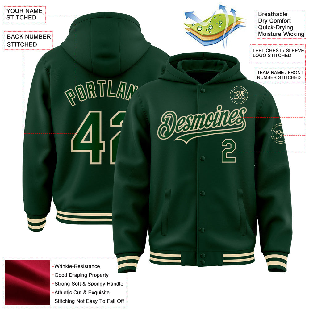 Custom Green Cream Bomber Full-Snap Varsity Letterman Hoodie Jacket view 3