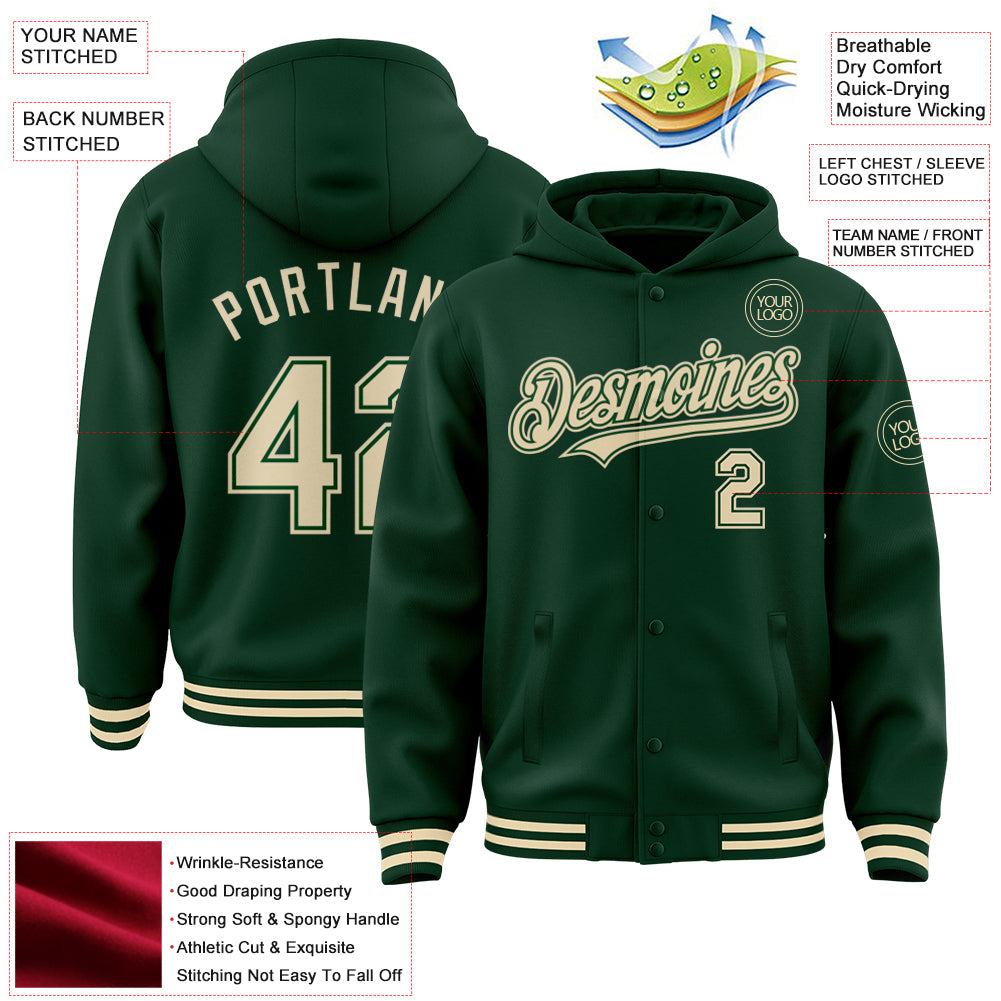 Custom Green Cream Bomber Full-Snap Varsity Letterman Hoodie Jacket view 3