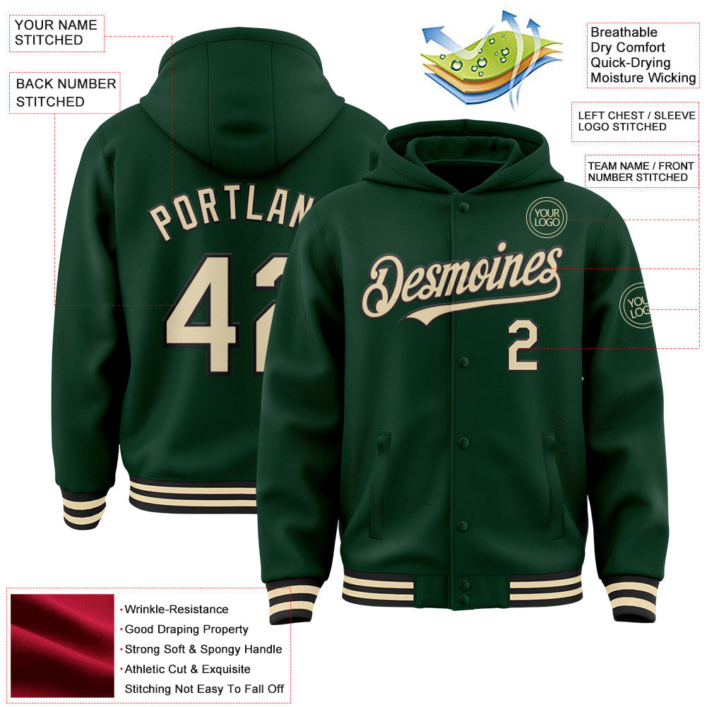 Custom Green Cream-Black Bomber Full-Snap Varsity Letterman Hoodie Jacket view 3