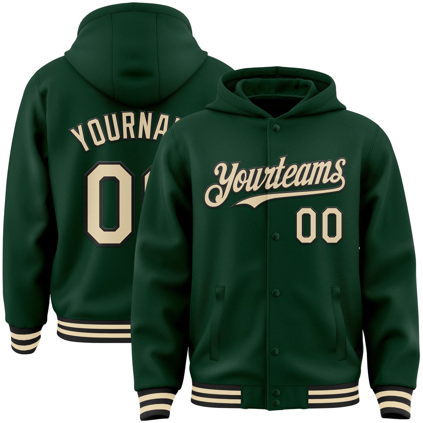 Custom Green Cream-Black Bomber Full-Snap Varsity Letterman Hoodie Jacket - Main View