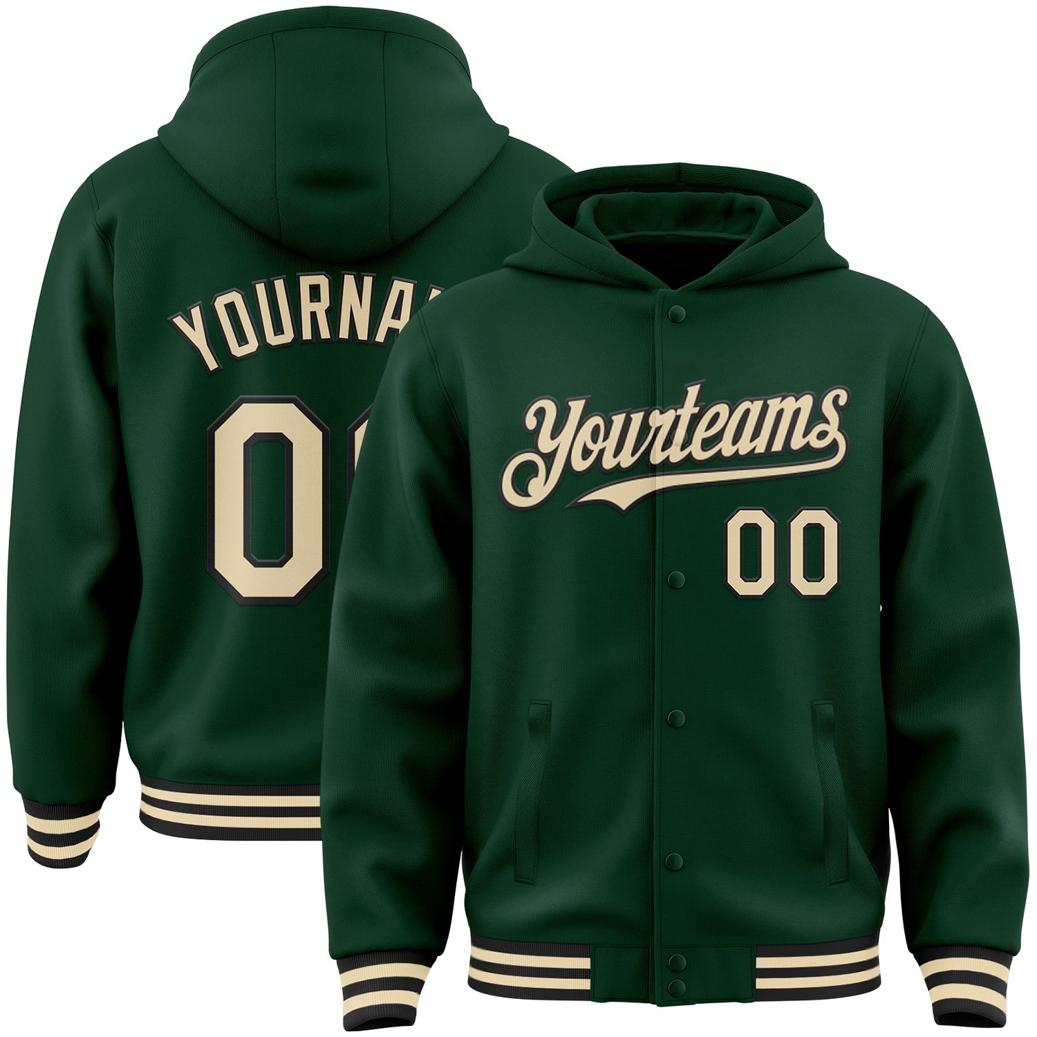 Custom Green Cream-Black Bomber Full-Snap Varsity Letterman Hoodie Jacket - Main View