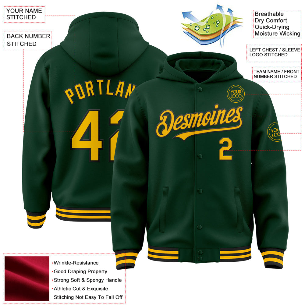 Custom Green Gold-Black Bomber Full-Snap Varsity Letterman Hoodie Jacket view 3