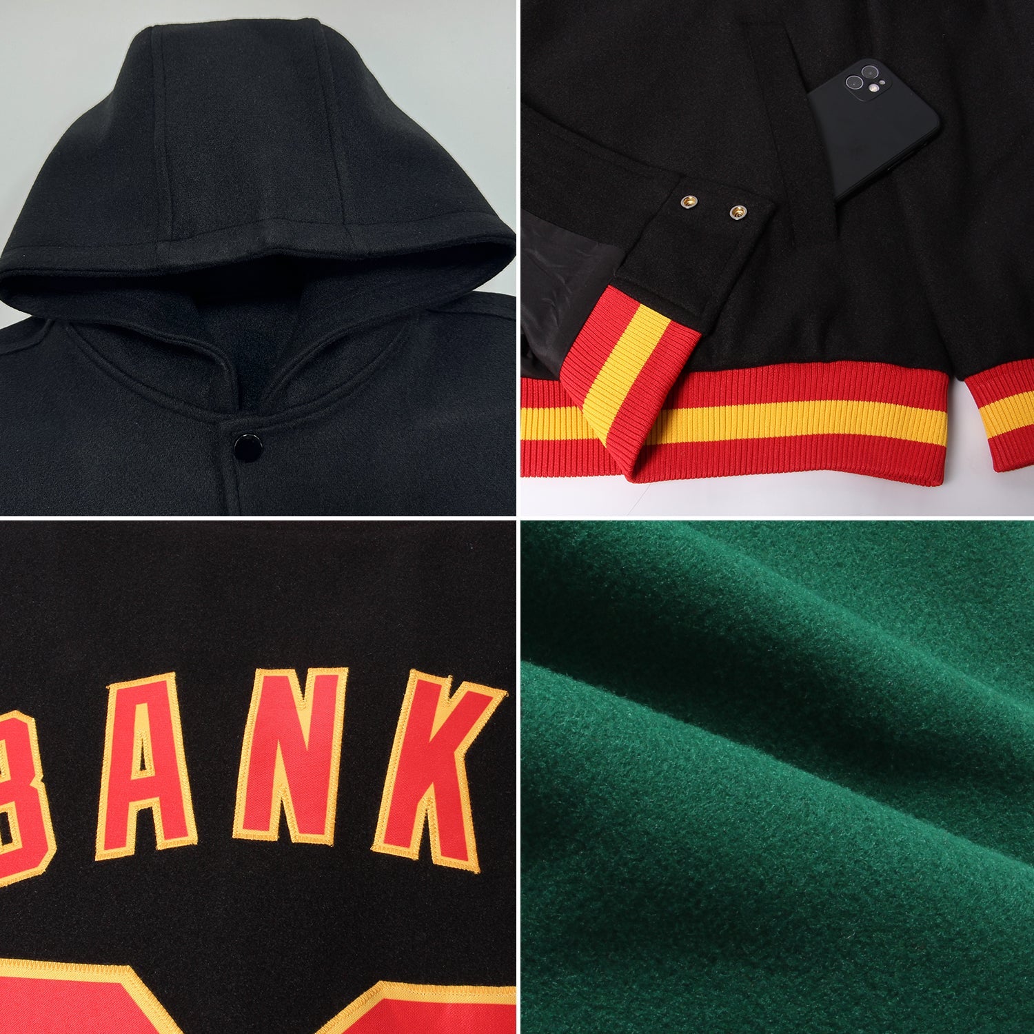 Custom Green Orange-Black Bomber Full-Snap Varsity Letterman Hoodie Jacket view 2