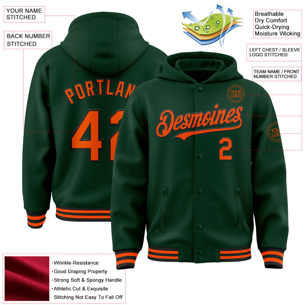 Custom Green Orange-Black Bomber Full-Snap Varsity Letterman Hoodie Jacket view 3