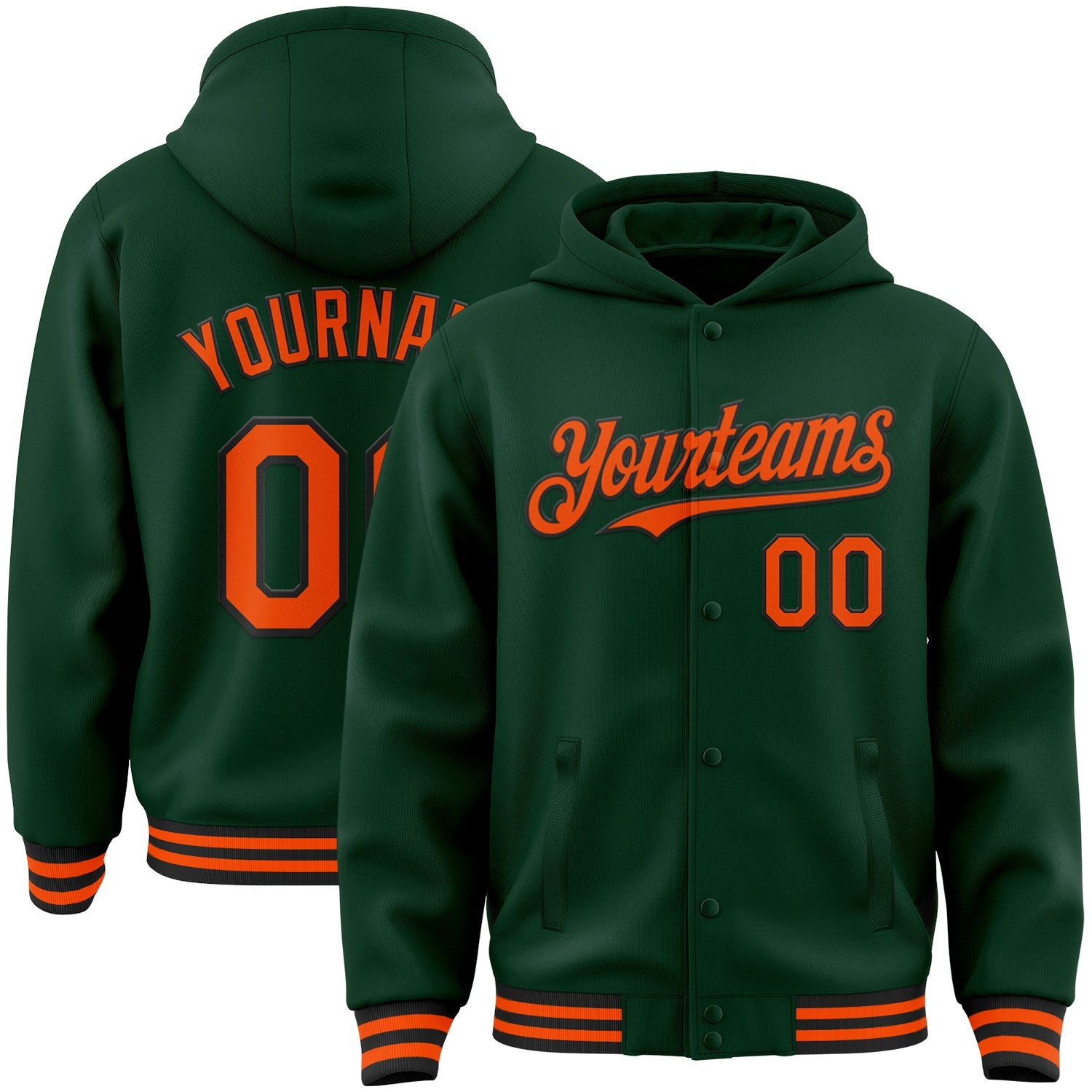 Custom Green Orange-Black Bomber Full-Snap Varsity Letterman Hoodie Jacket - Main View