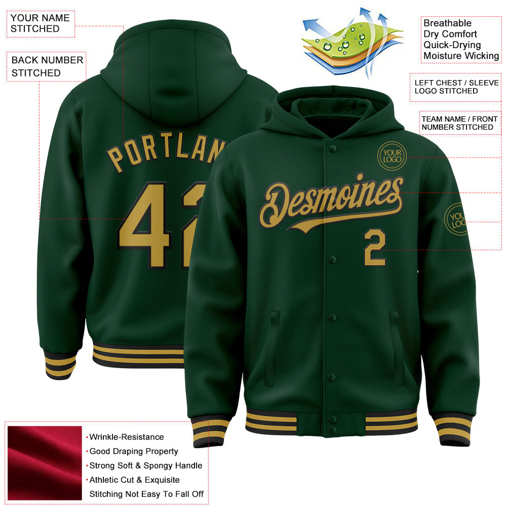 Custom Green Old Gold-Black Bomber Full-Snap Varsity Letterman Hoodie Jacket view 3