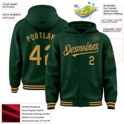 Custom Green Old Gold-Black Bomber Full-Snap Varsity Letterman Hoodie Jacket view 3