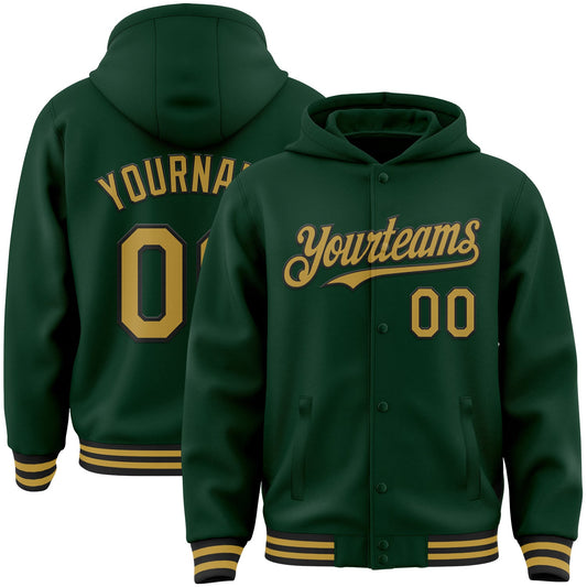 Custom Green Old Gold-Black Bomber Full-Snap Varsity Letterman Hoodie Jacket - Main View