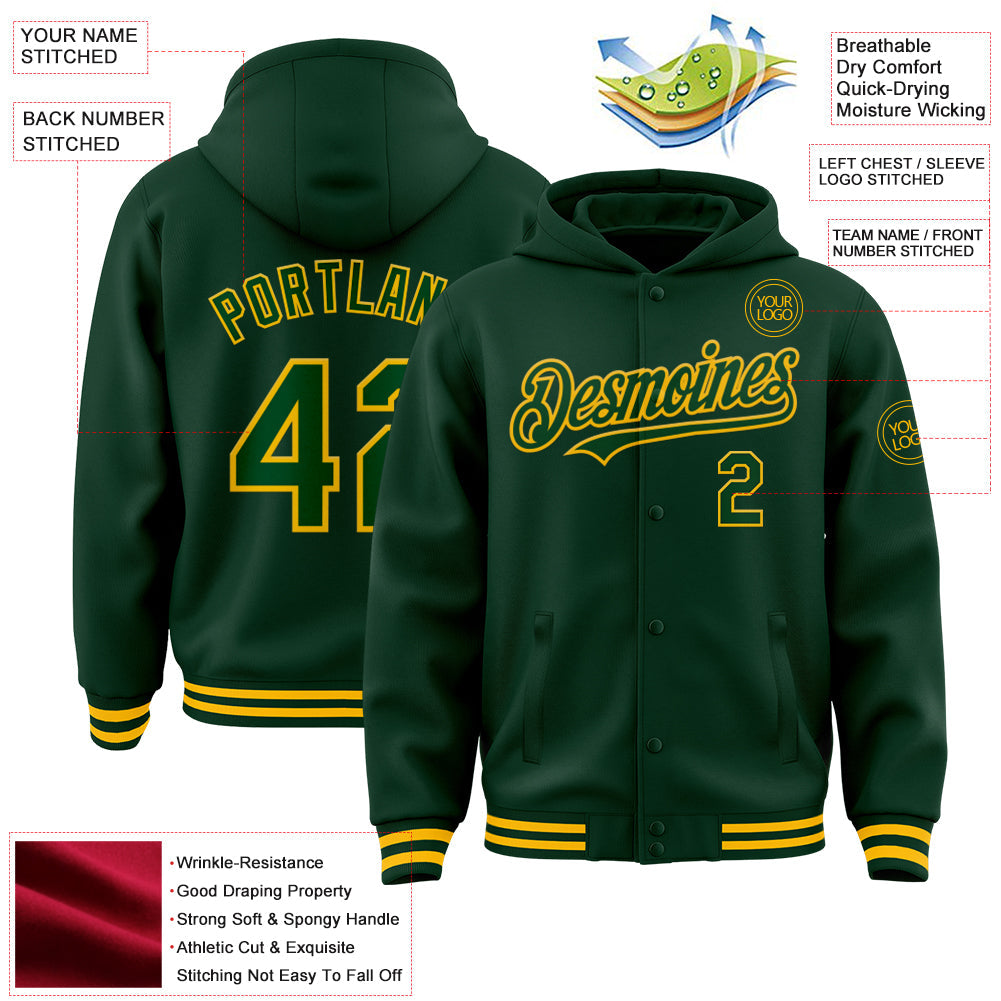 Custom Green Gold Bomber Full-Snap Varsity Letterman Hoodie Jacket view 3
