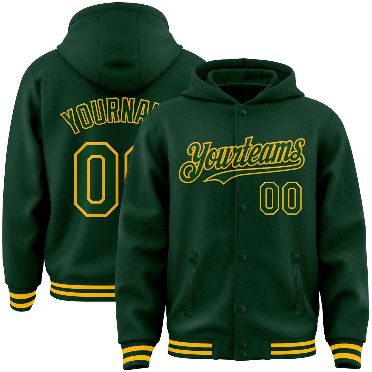 Custom Green Gold Bomber Full-Snap Varsity Letterman Hoodie Jacket - Main View