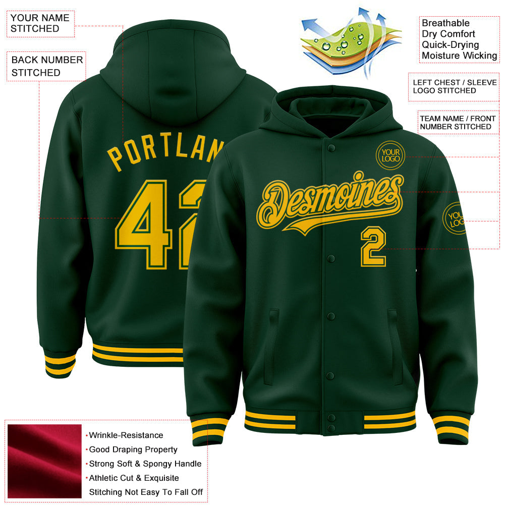 Custom Green Gold Bomber Full-Snap Varsity Letterman Hoodie Jacket view 3