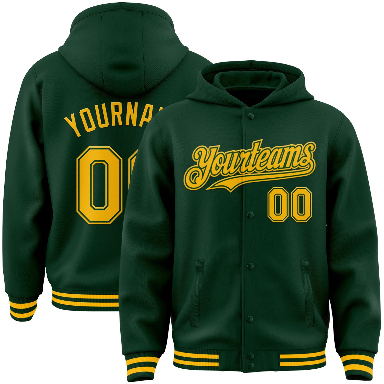 Custom Green Gold Bomber Full-Snap Varsity Letterman Hoodie Jacket - Main View