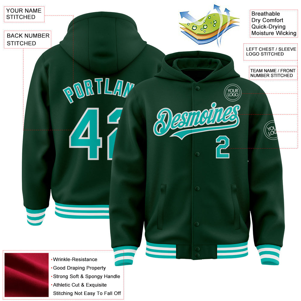 Custom Green Aqua-White Bomber Full-Snap Varsity Letterman Hoodie Jacket view 3