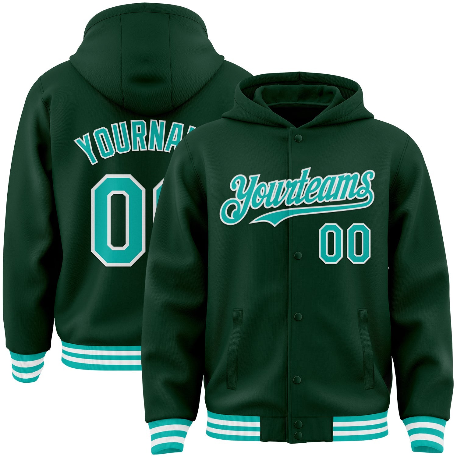 Custom Green Aqua-White Bomber Full-Snap Varsity Letterman Hoodie Jacket - Main View