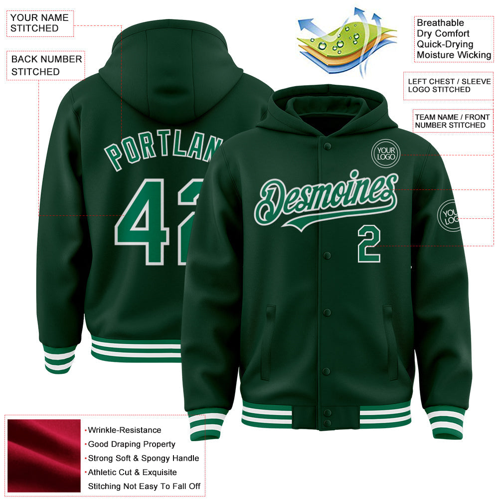 Custom Green Kelly Green-White Bomber Full-Snap Varsity Letterman Hoodie Jacket view 3