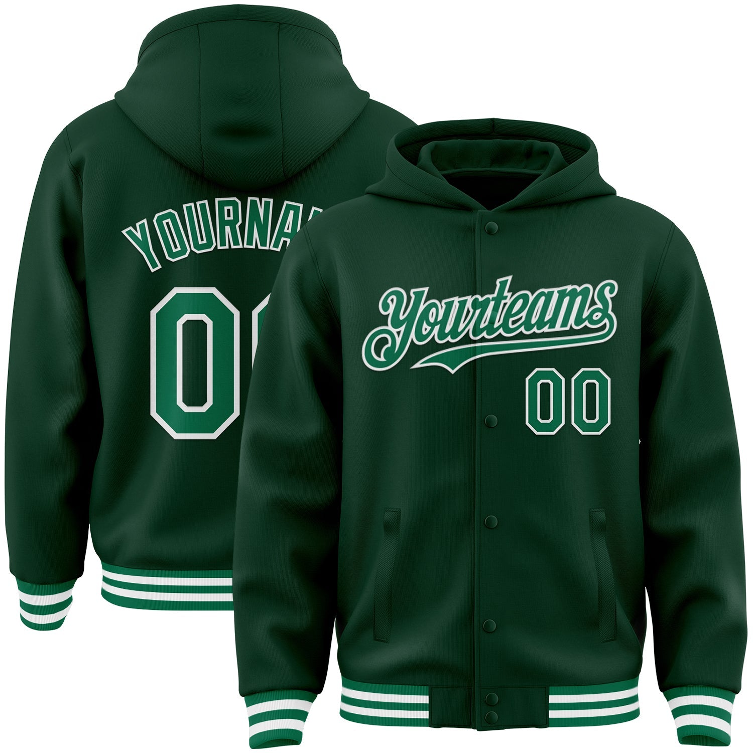 Custom Green Kelly Green-White Bomber Full-Snap Varsity Letterman Hoodie Jacket - Main View