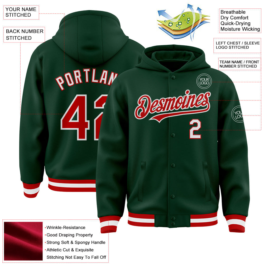 Custom Green Red-White Bomber Full-Snap Varsity Letterman Hoodie Jacket view 3