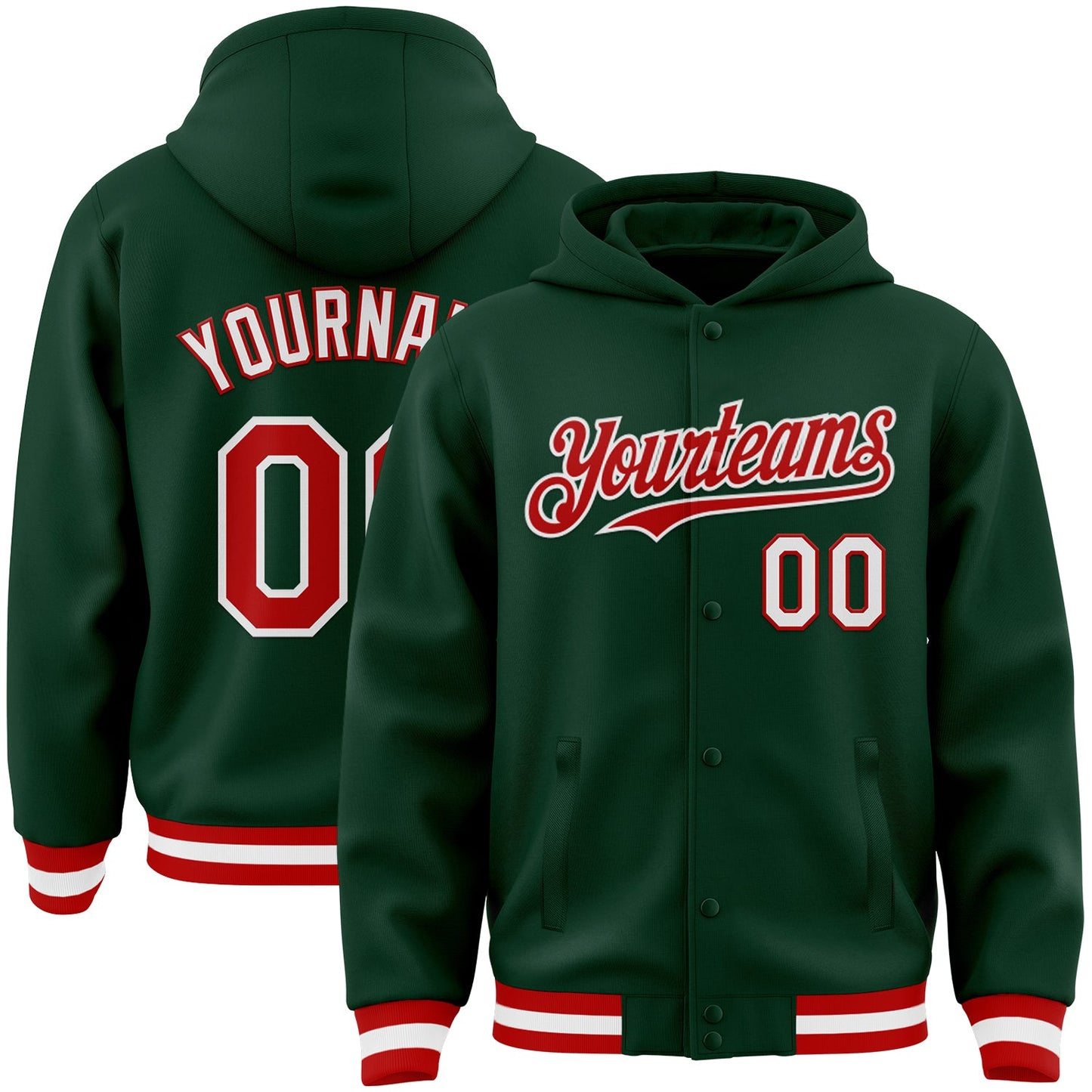 Custom Green Red-White Bomber Full-Snap Varsity Letterman Hoodie Jacket - Main View