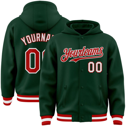 Custom Green Red-White Bomber Full-Snap Varsity Letterman Hoodie Jacket - Main View