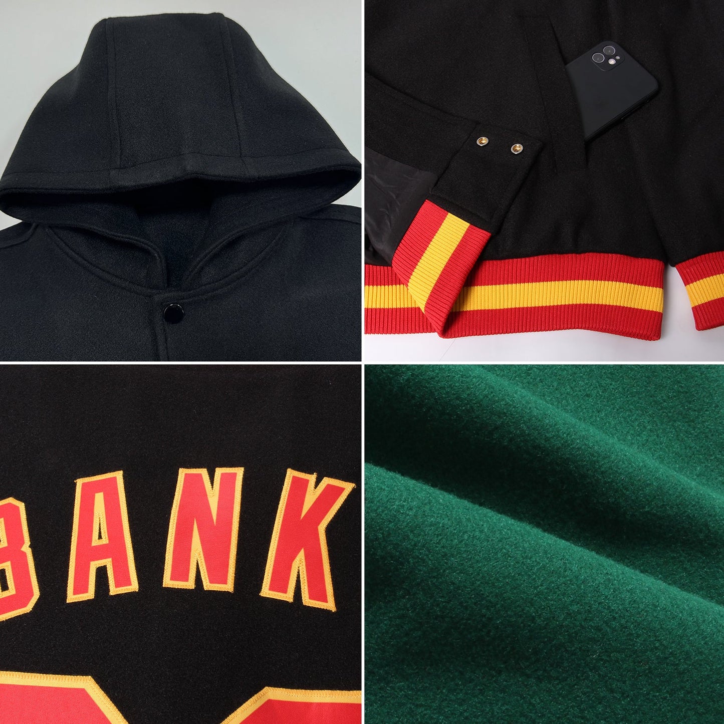 Custom Green Red-Gold Bomber Full-Snap Varsity Letterman Hoodie Jacket view 2