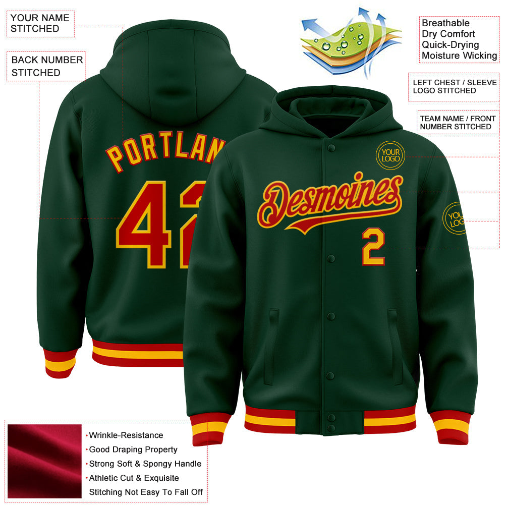 Custom Green Red-Gold Bomber Full-Snap Varsity Letterman Hoodie Jacket view 3