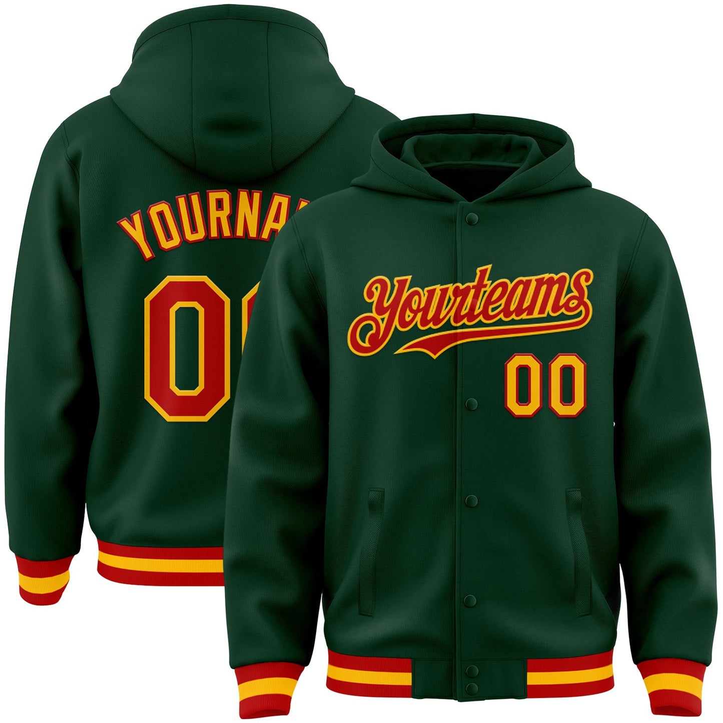Custom Green Red-Gold Bomber Full-Snap Varsity Letterman Hoodie Jacket - Main View