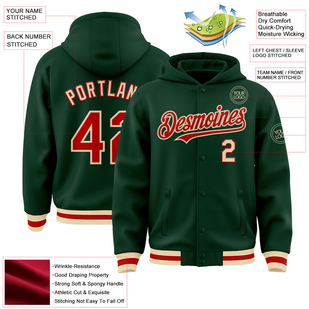 Custom Green Red-Cream Bomber Full-Snap Varsity Letterman Hoodie Jacket view 3