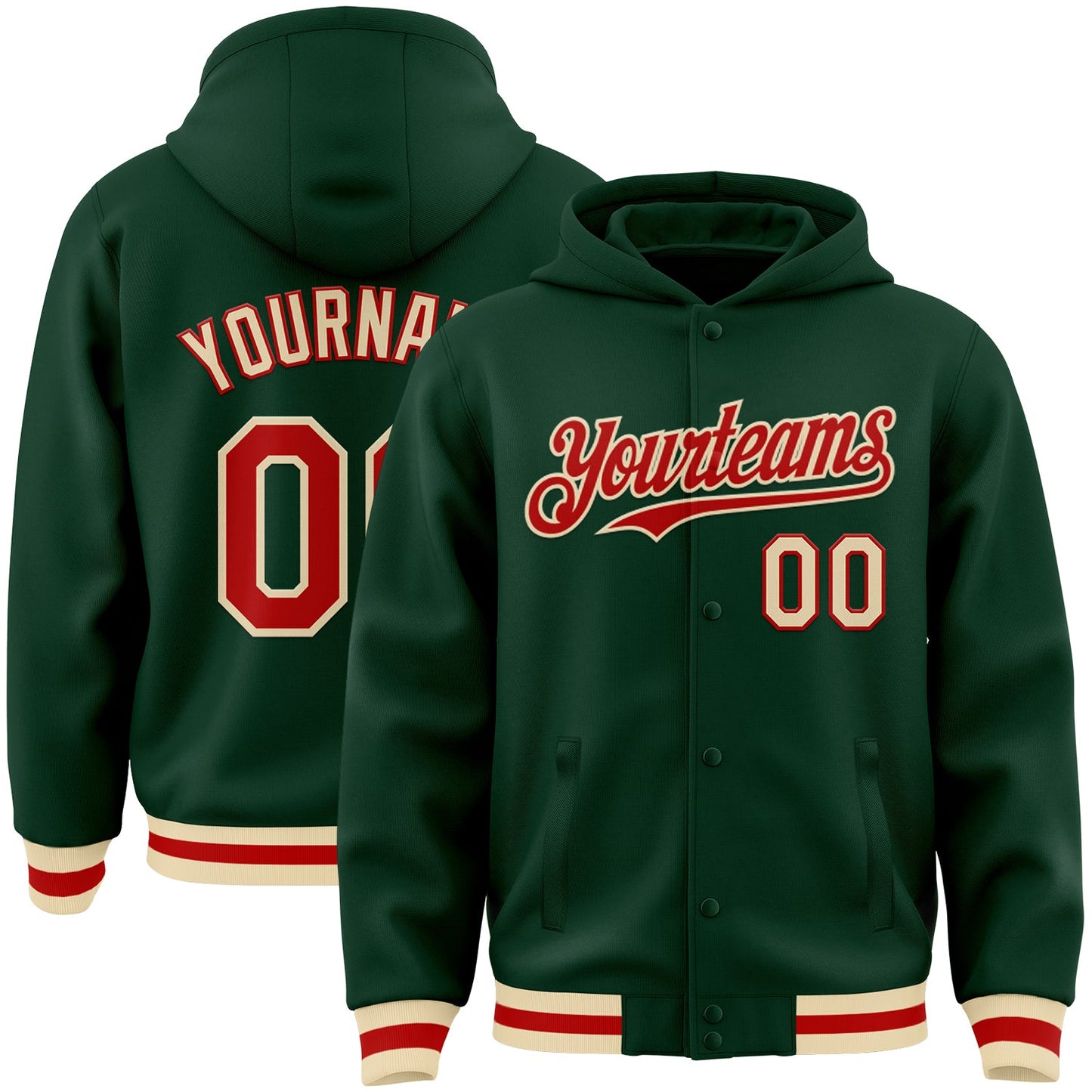 Custom Green Red-Cream Bomber Full-Snap Varsity Letterman Hoodie Jacket - Main View