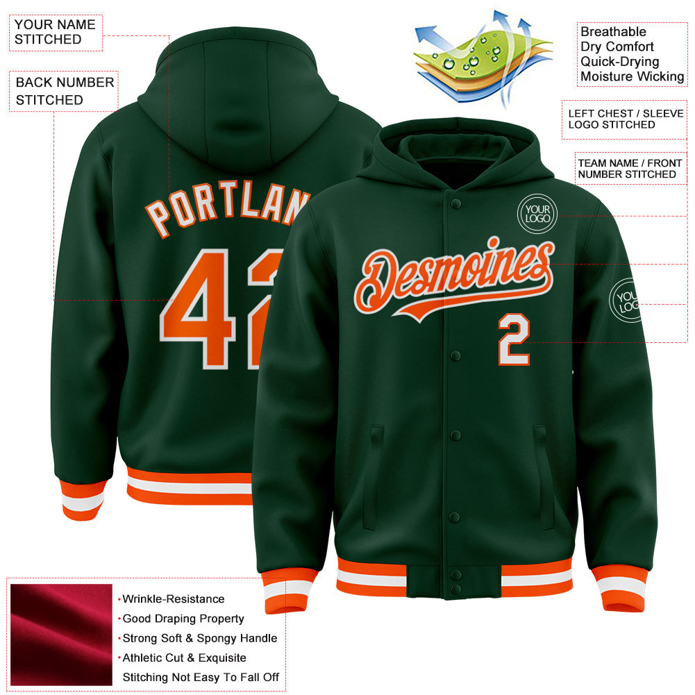 Custom Green Orange-White Bomber Full-Snap Varsity Letterman Hoodie Jacket view 3