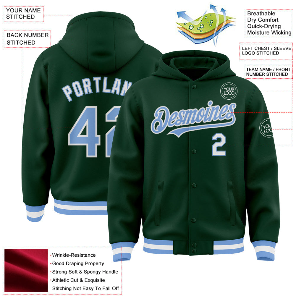 Custom Green Light Blue-White Bomber Full-Snap Varsity Letterman Hoodie Jacket view 3
