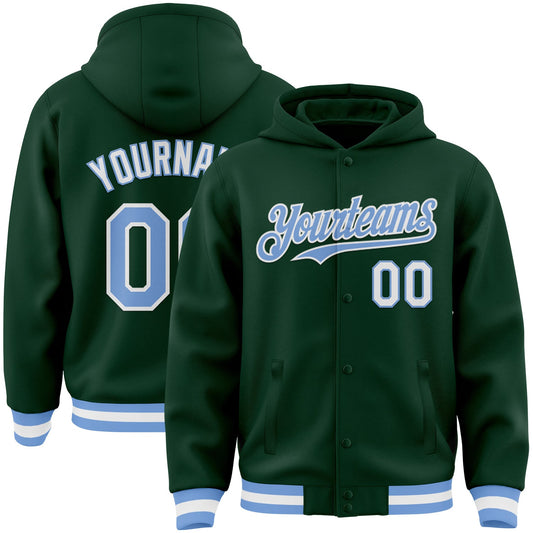Custom Green Light Blue-White Bomber Full-Snap Varsity Letterman Hoodie Jacket - Main View