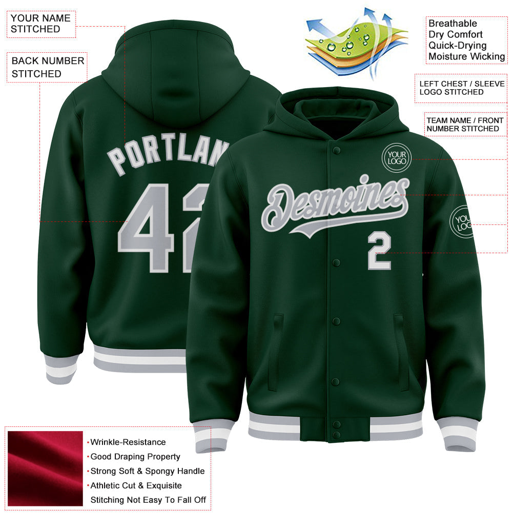 Custom Green Gray-White Bomber Full-Snap Varsity Letterman Hoodie Jacket view 3