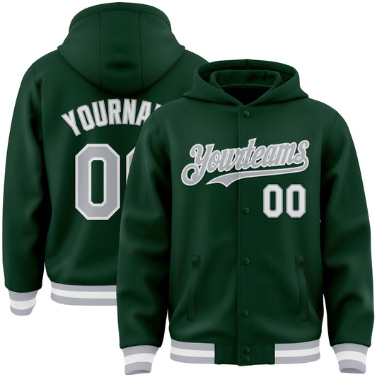 Custom Green Gray-White Bomber Full-Snap Varsity Letterman Hoodie Jacket - Main View