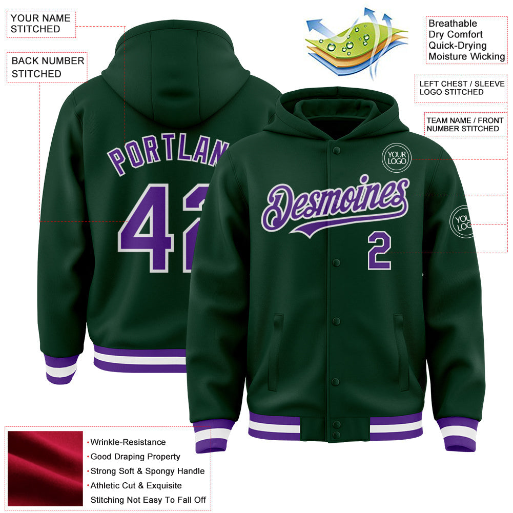 Custom Green Purple-White Bomber Full-Snap Varsity Letterman Hoodie Jacket view 3