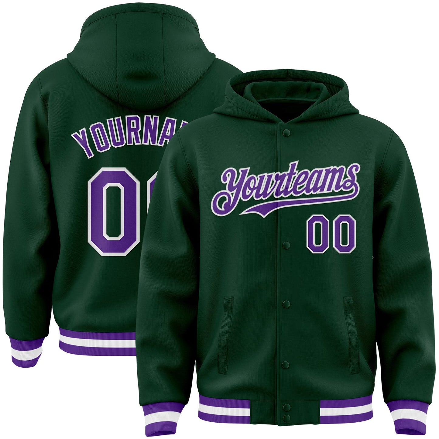 Custom Green Purple-White Bomber Full-Snap Varsity Letterman Hoodie Jacket - Main View