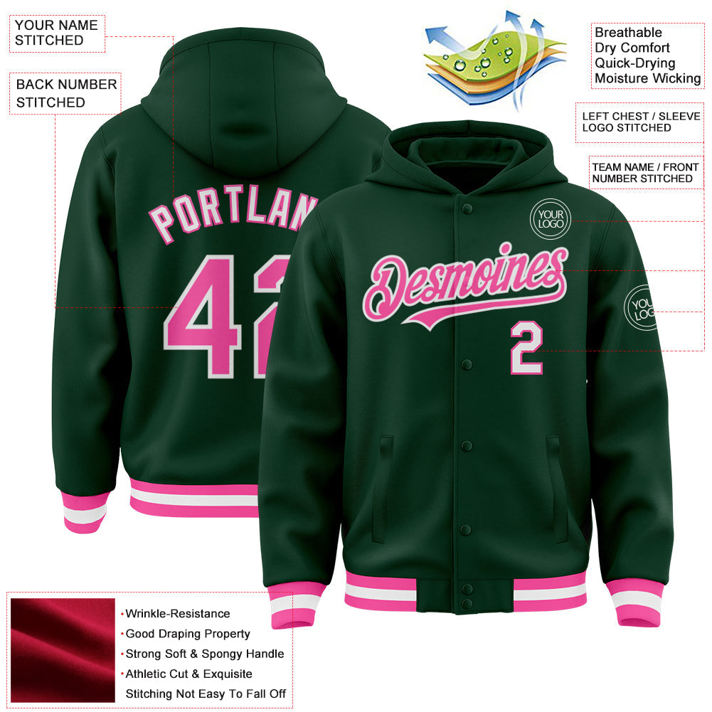 Custom Green Pink-White Bomber Full-Snap Varsity Letterman Hoodie Jacket view 3