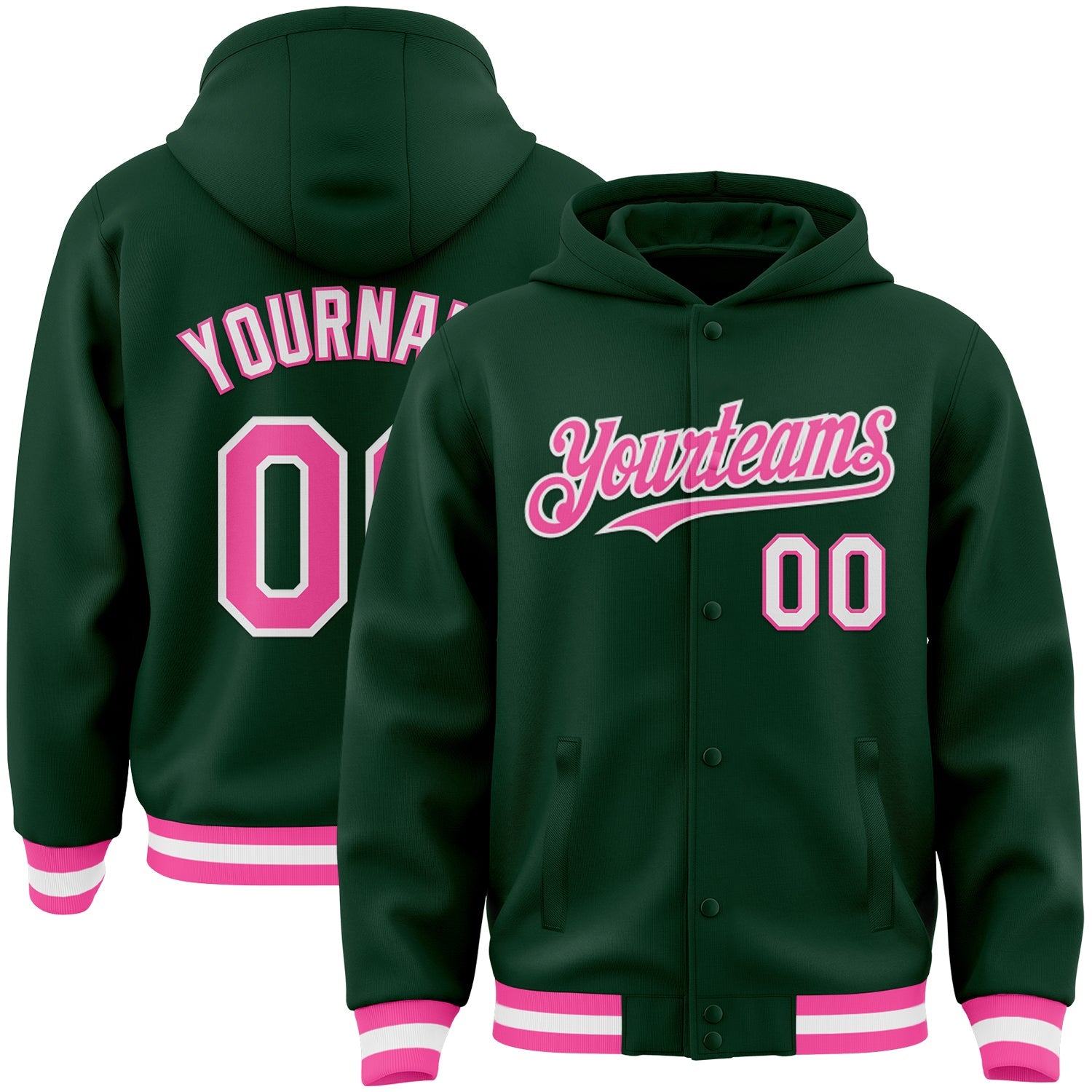 Custom Green Pink-White Bomber Full-Snap Varsity Letterman Hoodie Jacket - Main View