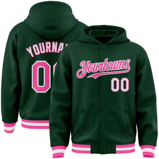 Custom Green Pink-White Bomber Full-Snap Varsity Letterman Hoodie Jacket - Main View