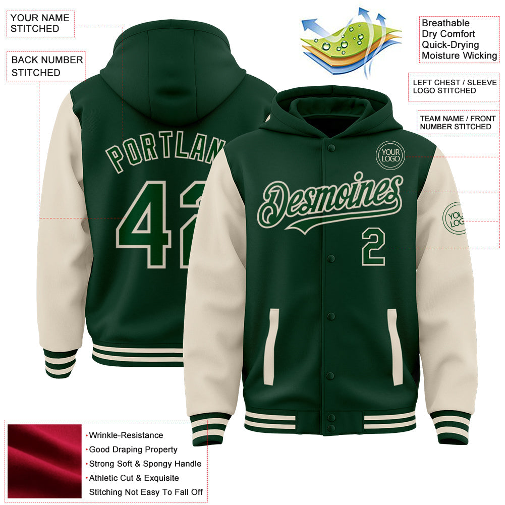 Custom Green Cream Bomber Full-Snap Varsity Letterman Two Tone Hoodie Jacket view 3