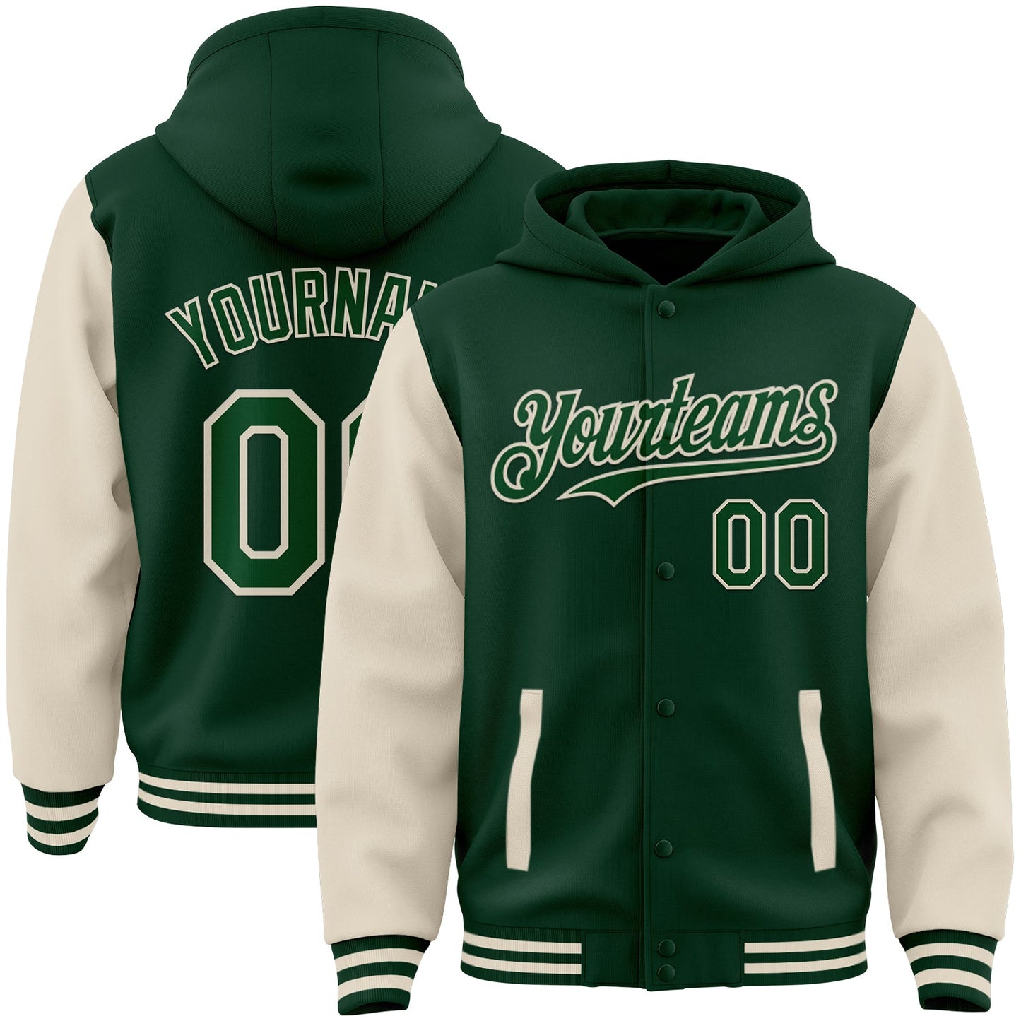 Custom Green Cream Bomber Full-Snap Varsity Letterman Two Tone Hoodie Jacket - Main View