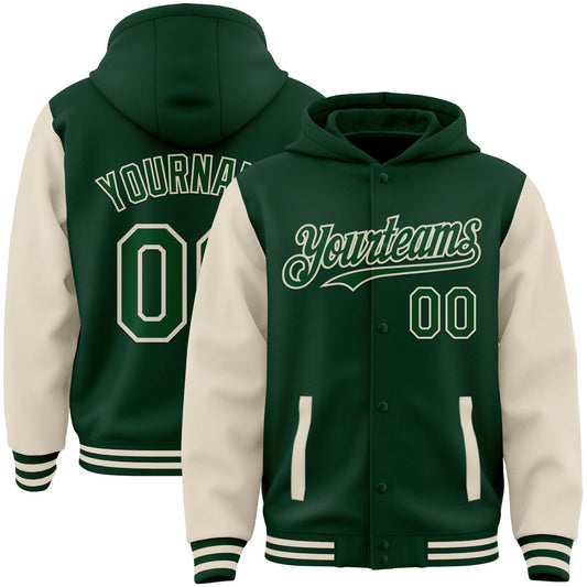 Custom Green Cream Bomber Full-Snap Varsity Letterman Two Tone Hoodie Jacket - Main View