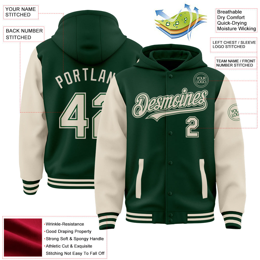 Custom Green Cream Bomber Full-Snap Varsity Letterman Two Tone Hoodie Jacket view 3