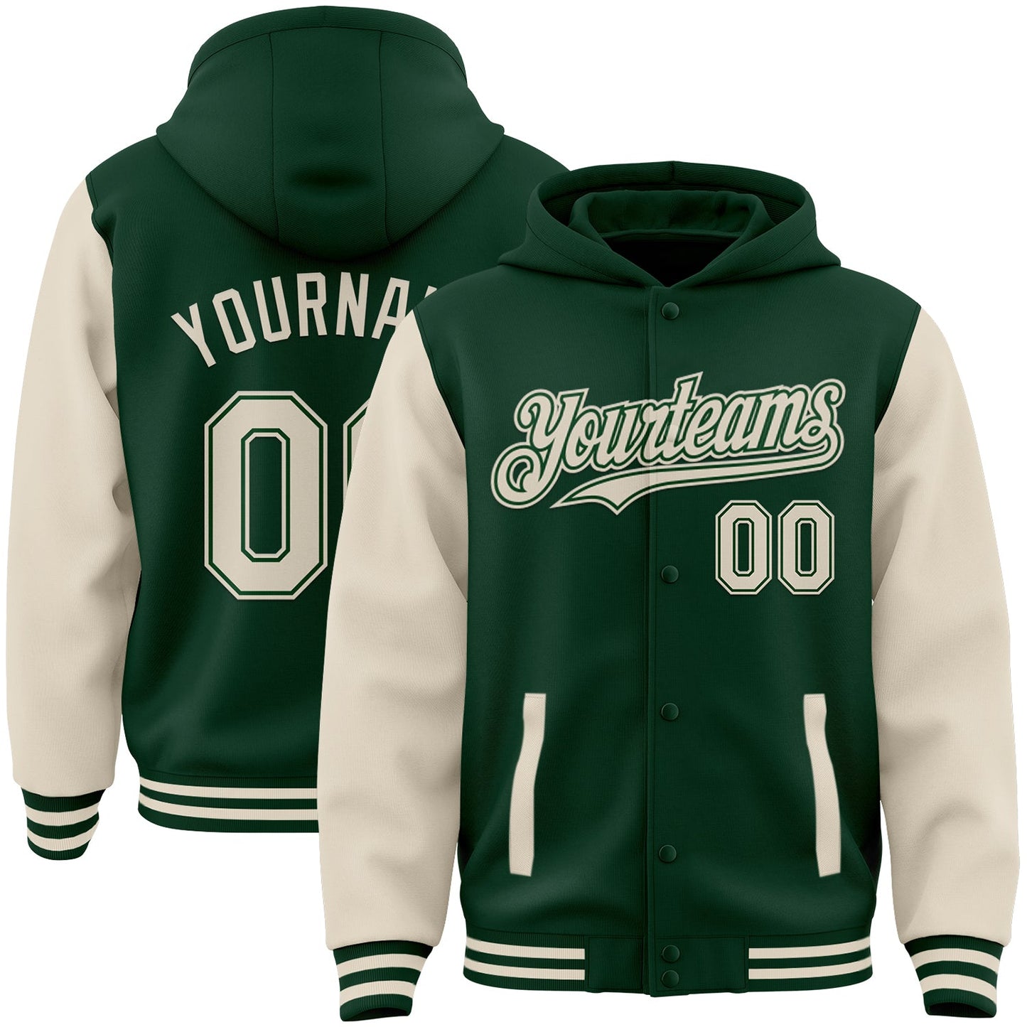 Custom Green Cream Bomber Full-Snap Varsity Letterman Two Tone Hoodie Jacket - Main View