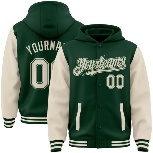 Custom Green Cream Bomber Full-Snap Varsity Letterman Two Tone Hoodie Jacket - Main View