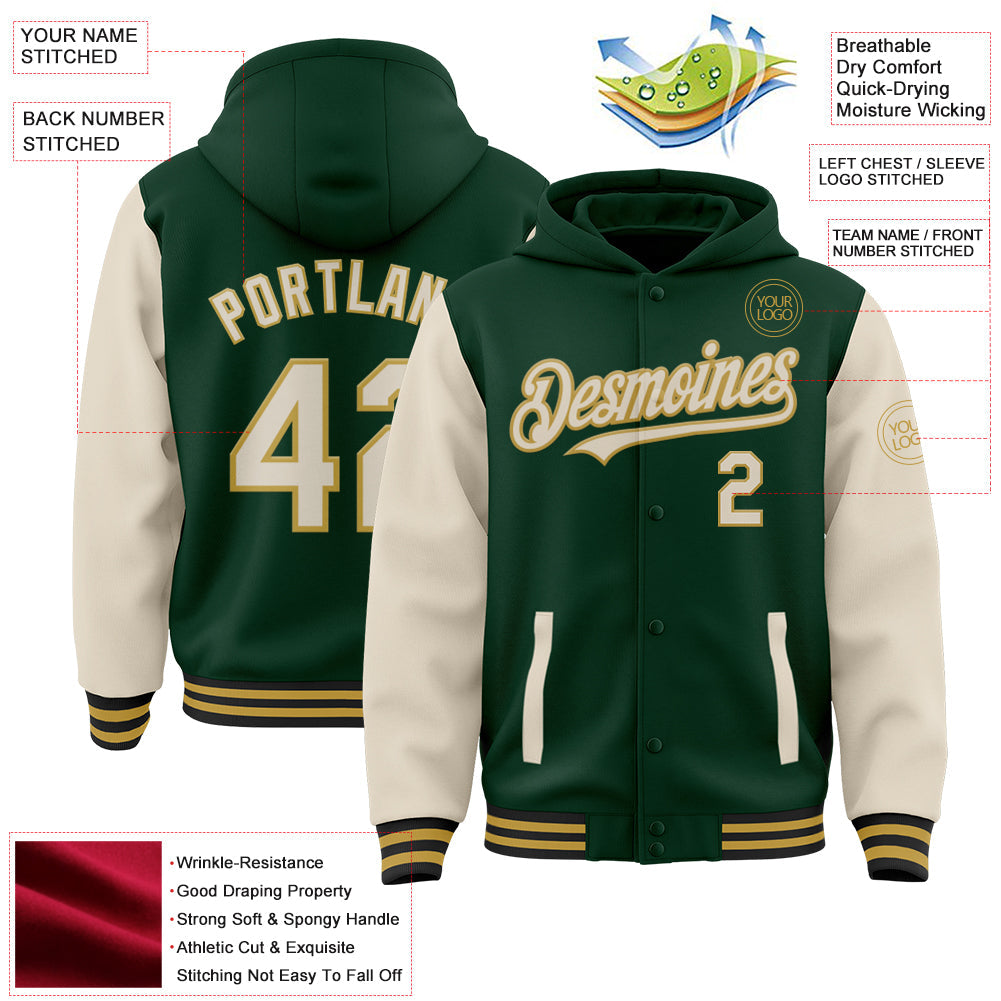 Custom Green Cream Old Gold-Black Bomber Full-Snap Varsity Letterman Two Tone Hoodie Jacket view 3