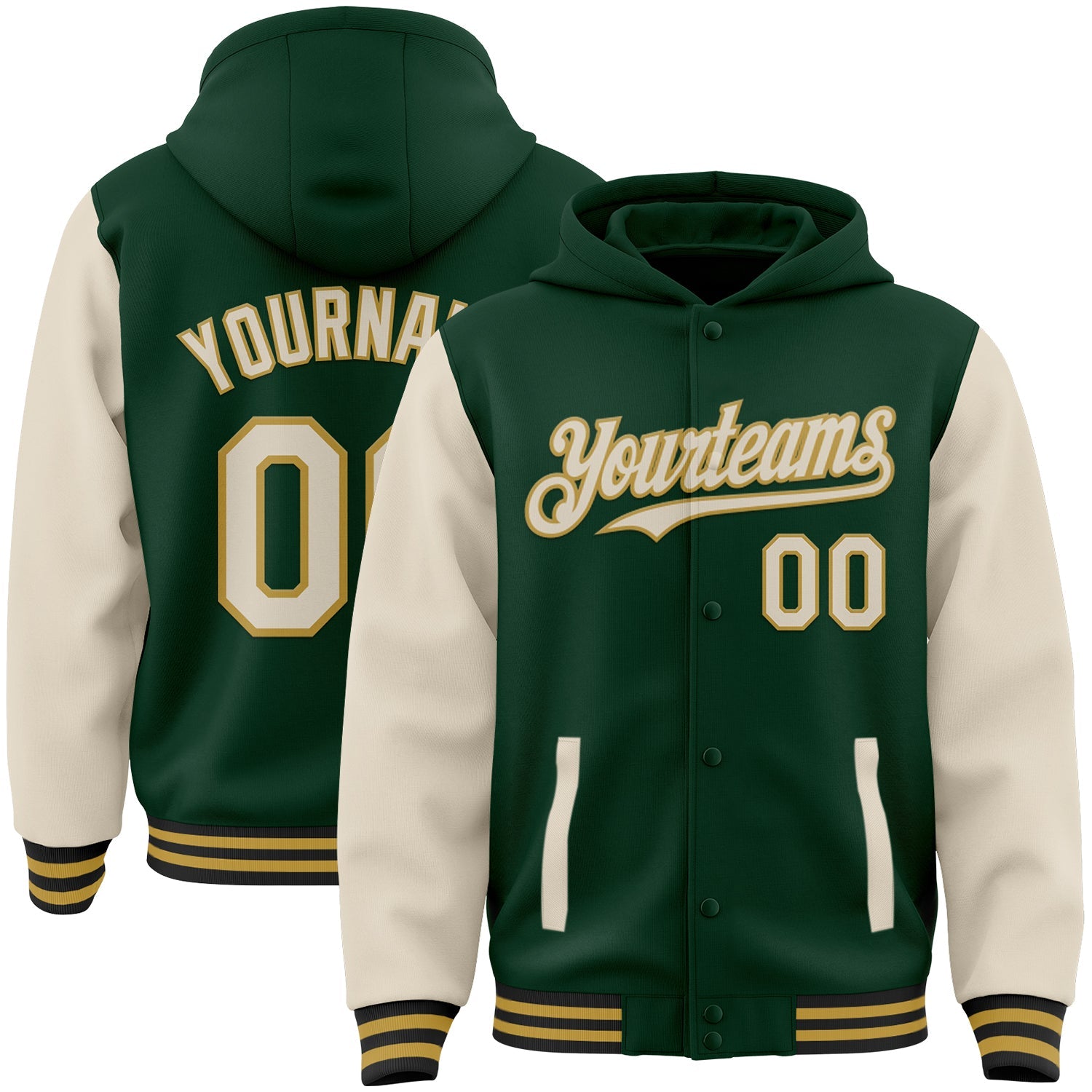 Custom Green Cream Old Gold-Black Bomber Full-Snap Varsity Letterman Two Tone Hoodie Jacket - Main View