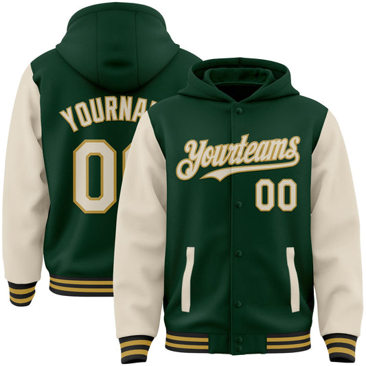 Custom Green Cream Old Gold-Black Bomber Full-Snap Varsity Letterman Two Tone Hoodie Jacket - Main View
