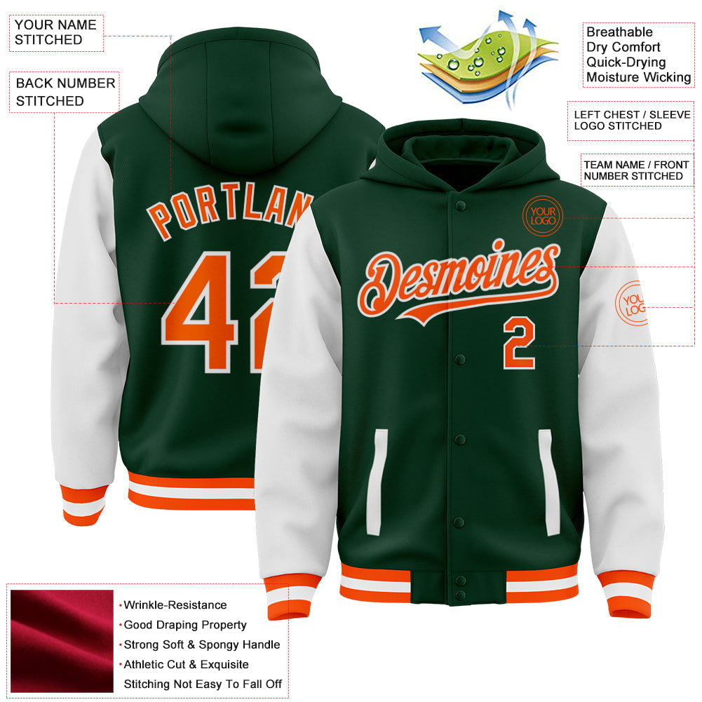 Custom Green Orange-White Bomber Full-Snap Varsity Letterman Two Tone Hoodie Jacket view 3
